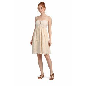 ZARA Cream M Strapless Smocked Dress With Eyelet Skirt